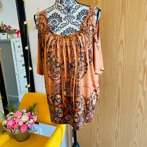 One World by Live & let live Women’s Orange cold shoulder paisley boho top